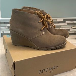 Sperry Stella Prow Taupe Wedge Bootie.